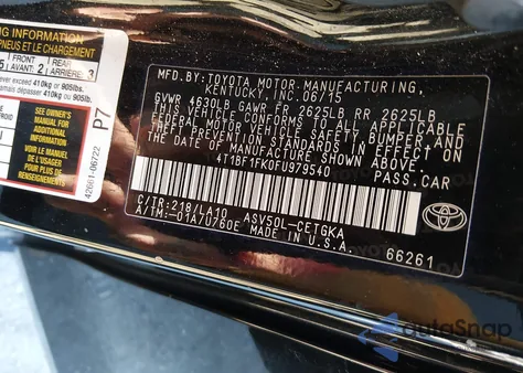 2015 Toyota Camry Xle z USA, uszkodzony, nr VIN 4T1BF1FK0FU979540